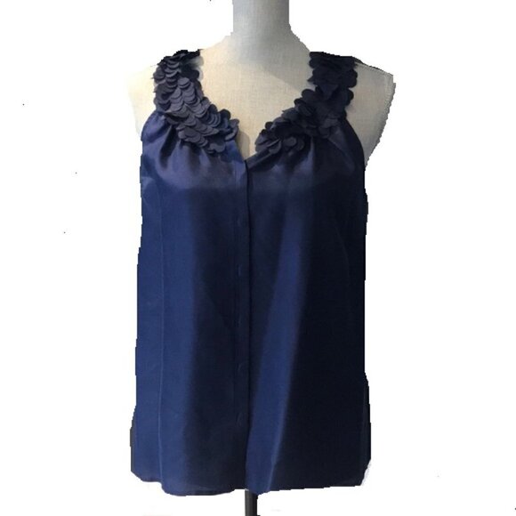 J. Crew 100% Silk Sleeveless Navy Top with Flutter Petal Neckline Detail Size M - Picture 1 of 4